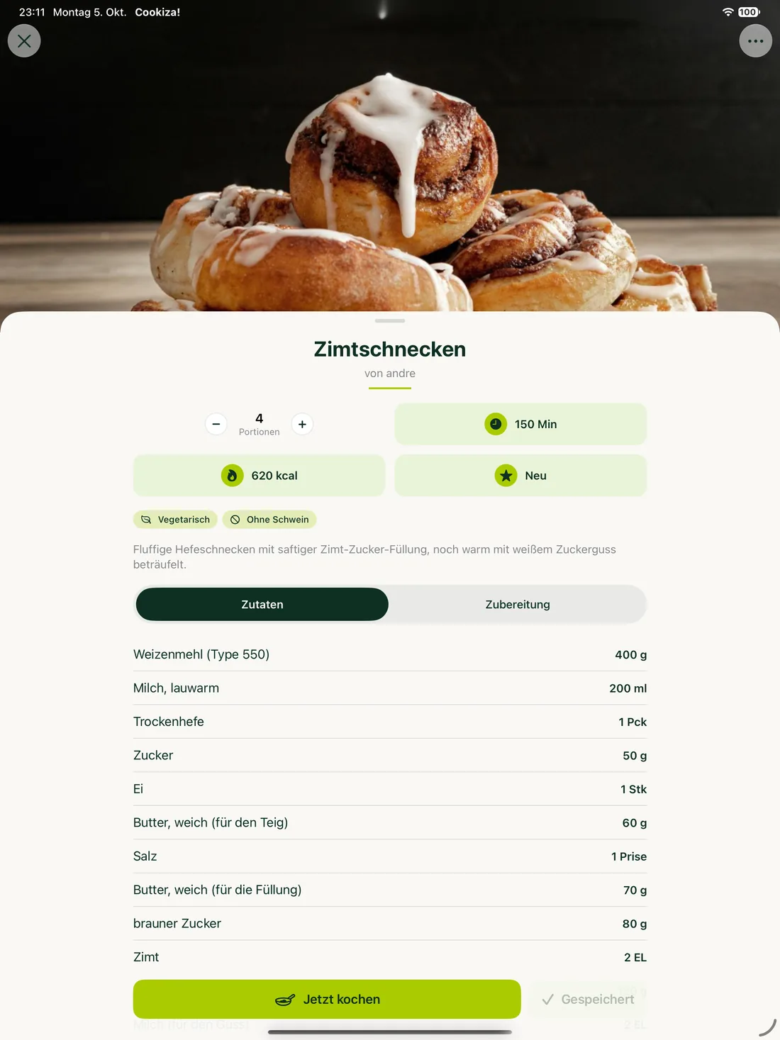 Cookiza! iPad – Ingredientes y raciones a la vista.